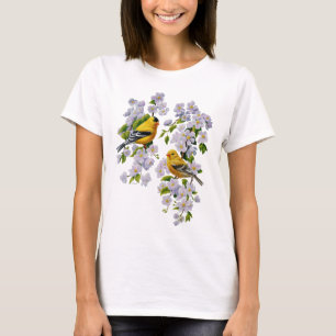 Camiseta Cor de Fundo de Separação de Pássaros e Flores 