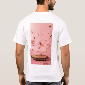 Camiseta cor-de-rosa de fundo de madeira floral