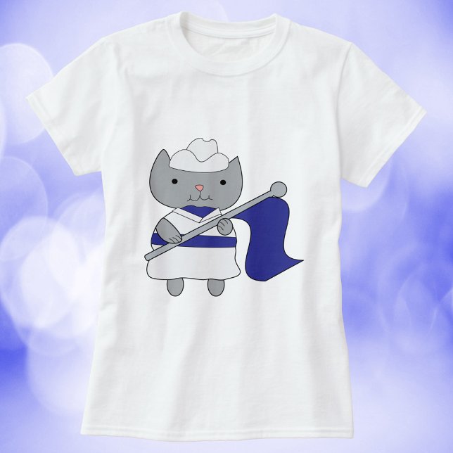 Camiseta Cor Guarda Azul Branco (A shirt with a cute kitty cat wearing a blue and white color guard uniform.)