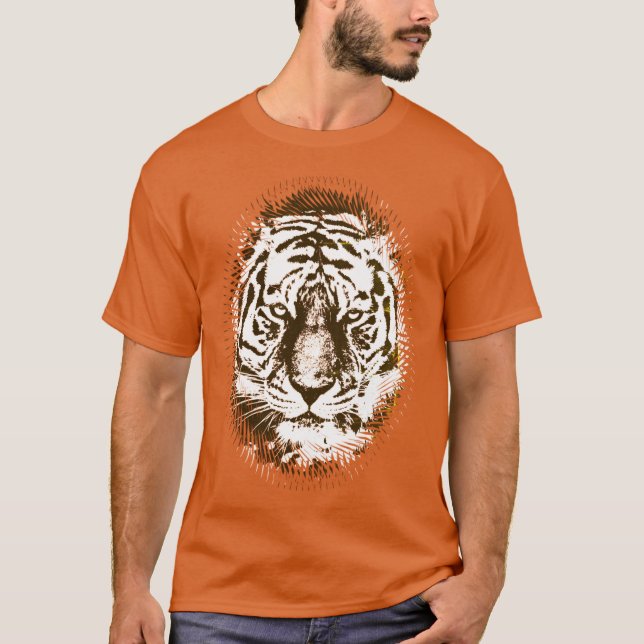 Camiseta Cor Laranja Pop de Arte Tiger Cabeça Elegante Mode (Frente)