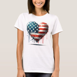 Camiseta Coração Americano Resiliente - Design de Bandeira 