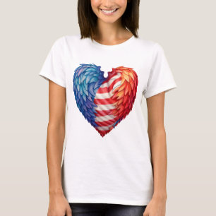 CAMISETA CORAÇÃO AZUL VERMELHA MOLHADA BANDEIRA COM PENAS