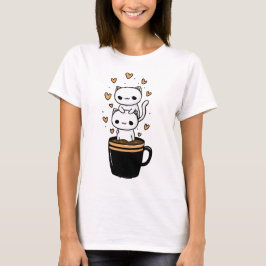 Camiseta Coração Caneca de Café Gato Kawaii Fofa
