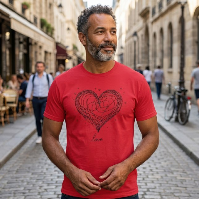 Camiseta Coração com Desenho de Amor em Linha Caprichosa (Whimsical Line Art Heart with Love Design. Men Basic Red T-Shirt)