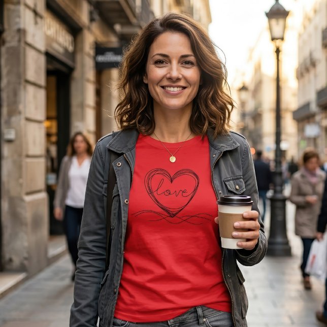Camiseta Coração com design de arte de linha contínua Amor (Heart with Love Continuous Line Art Design. Women Basic Red T-Shirt)