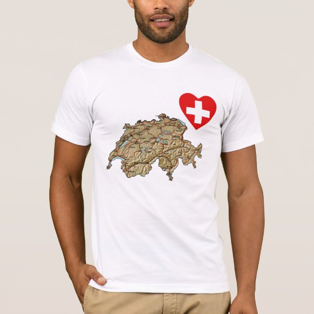 Camiseta Coração da bandeira da suiça e t-shirt do mapa (Frente)