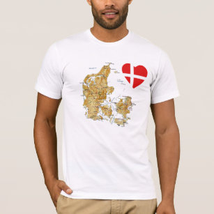 Camiseta Coração da bandeira de Dinamarca e t-shirt do mapa