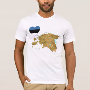 Camiseta Coração da bandeira de Estónia e t-shirt do map