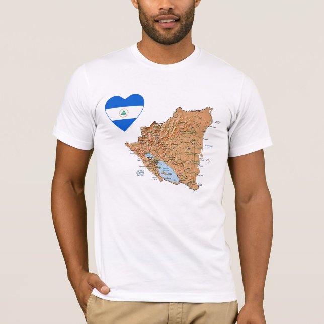 Camiseta Coração da bandeira de Nicarágua e t-shirt do mapa (Frente)