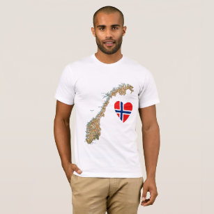 Camiseta Coração da bandeira de Noruega e t-shirt do mapa