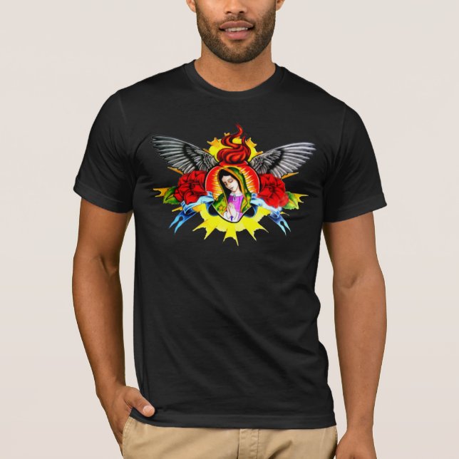 Camiseta Coração da Virgem Maria, flor, asas (Frente)