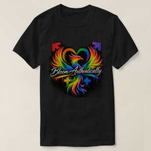 Camiseta Coração de Fênix Arco-íris "Floresça Autenticament