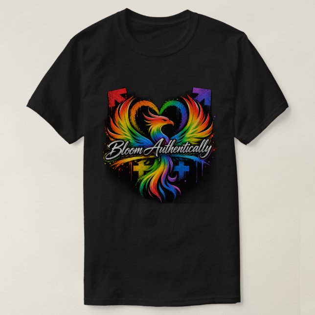 Camiseta Coração de Fênix Arco-íris "Floresça Autenticament (Frente do Design)