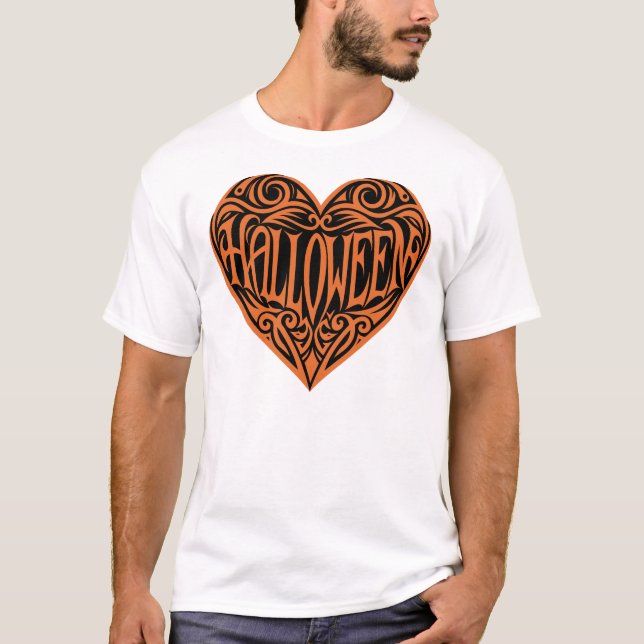 Camiseta Coração de Halloween, Coração Laranja, Feriado (Frente)