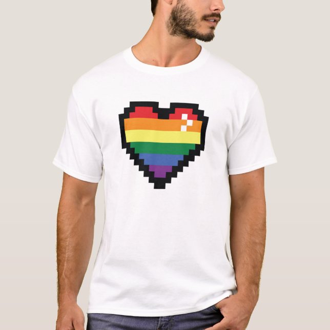 Camiseta Coração de Pixel Arco-Íris (Frente)