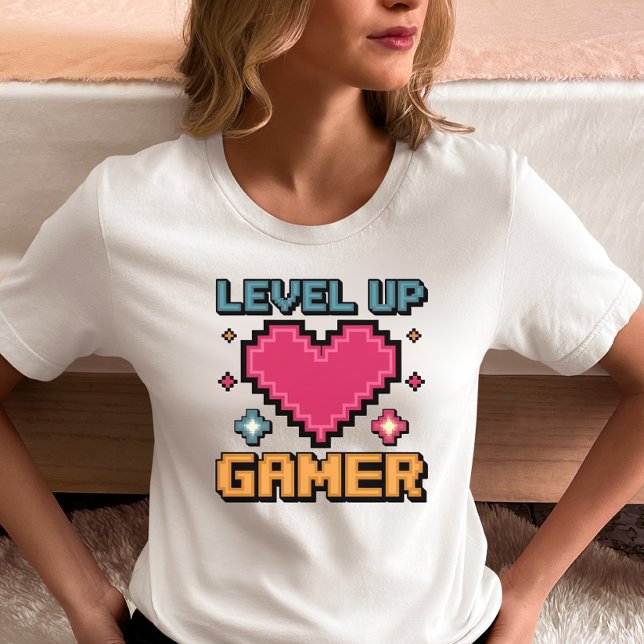 Camiseta Coração de Pixel do Gamer de Nível Avançado (Criador carregado)