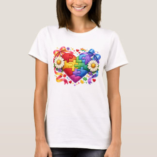 Camiseta Coração de quebra-cabeça de fita coquete de consci