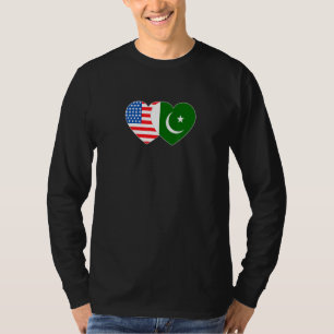 Camiseta Coração Duplo da Bandeira do Paquistão e dos EUA p