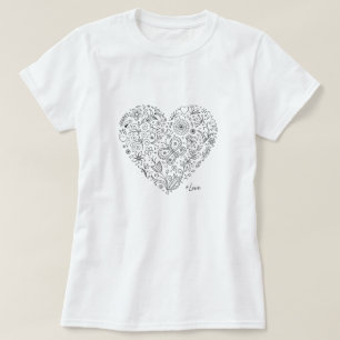 Camiseta Coração Floral Doodle Arte Botânica Romântica em L