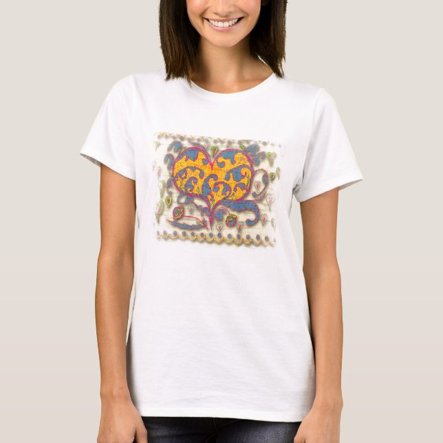 Camiseta Coração Folk Art com folhas e flores (Frente)