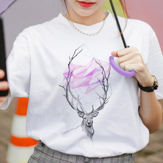 Camiseta Coração geométrica rosa e cervo Elegante Arte Anim (Criador carregado)