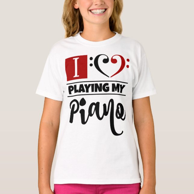 Camiseta Coração que do Clef baixo eu amo jogar meu piano (Frente)