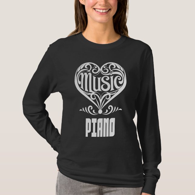 Camiseta Coração Rolado Elegante para Pistas de Piano (Frente)