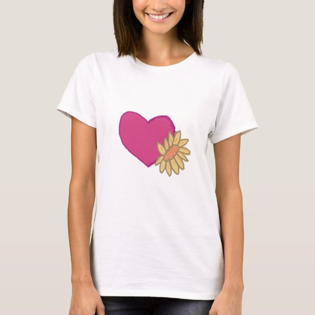 Camiseta Coração rosa com girassol amarelo (Frente)
