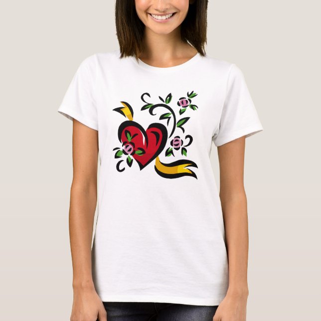 Camiseta Coração, Rosas, Fita (Frente)