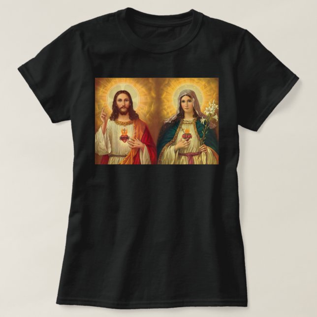 Camiseta Coração Sagrado e Imaculado Imaginário Jesus e (Frente do Design)
