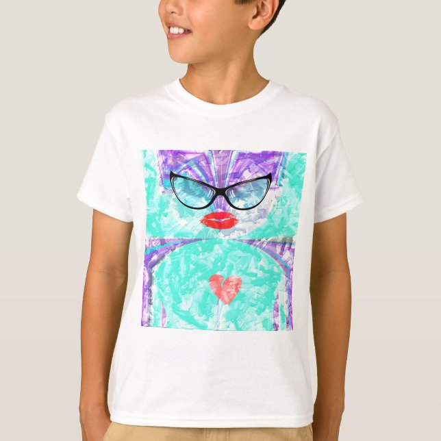 Camiseta Coração Selfie Retrato Caprichoso Fundo Azul Turqu (Frente)