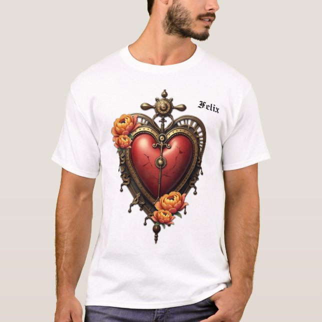Camiseta Coração Steampunk com Flores. (Frente)