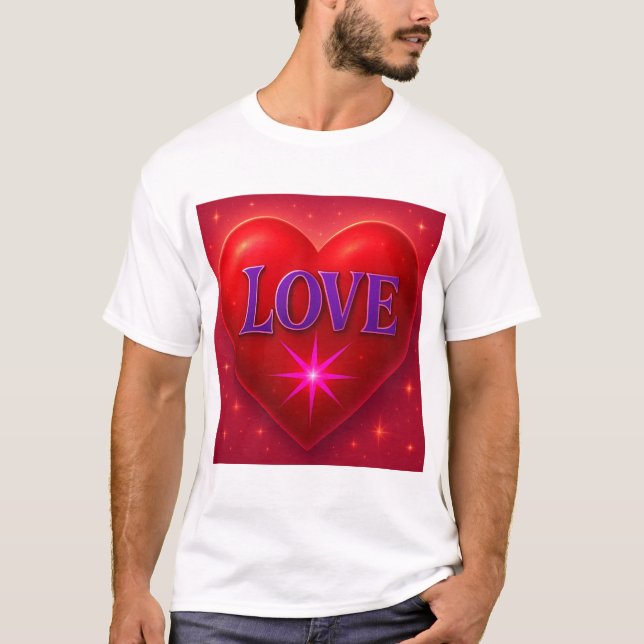 Camiseta Coração Vermelho com LOVE em Estilo Brilhante e Ro (Frente)
