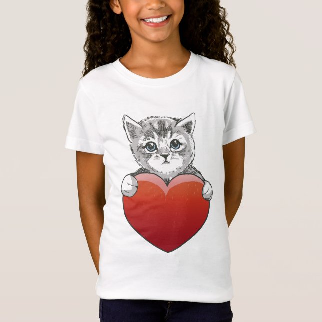 Camiseta Coração Vermelho de Gato de Gatinho Bonito (Frente)