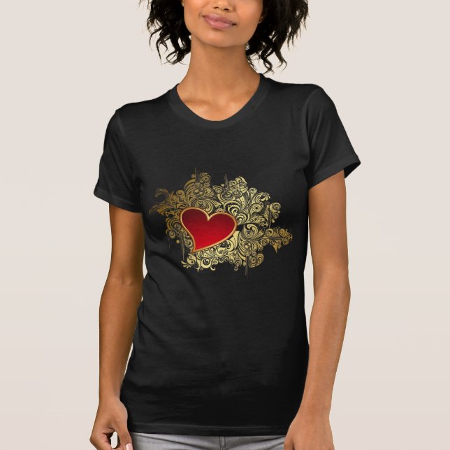 Camiseta Coração Vermelho no Dourado Filigre (Frente)