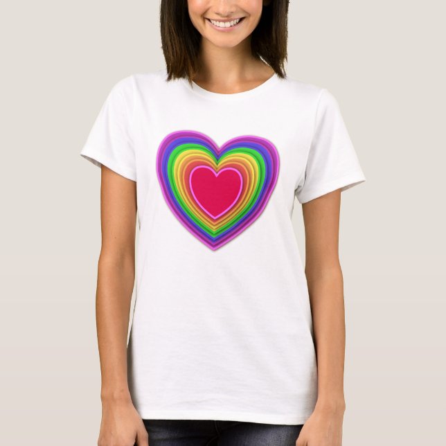 Camiseta Corações 3D em camadas em cores de arco-íris (Frente)