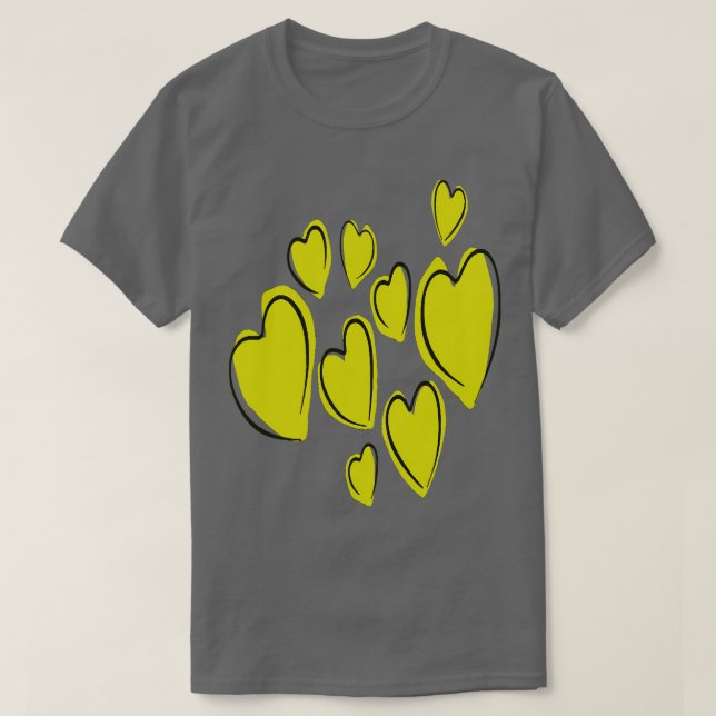 Camiseta Corações Bonitos Mão Desenhada Amarelo Negra (Frente do Design)