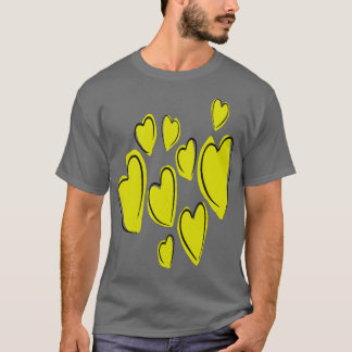 Camiseta Corações Bonitos Mão Desenhada Amarelo Negra