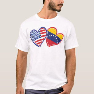 Camiseta Corações das Bandeiras dos EUA e Venezuela