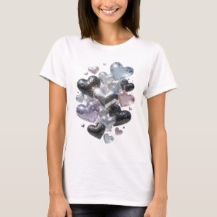 Camiseta Corações e Diamantes de Prata Design de Texto Eleg