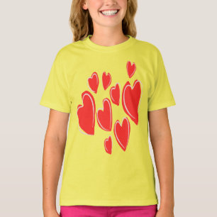 Camiseta Corações Fofos Desenhados à Mão Vermelho-escuro Do