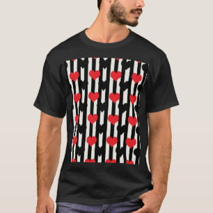 Camiseta Corações Pretos Vermelhos Em Stripes Brancas Preta