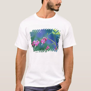 Camiseta Corações sangrando rosa no jardim. Crédito como: