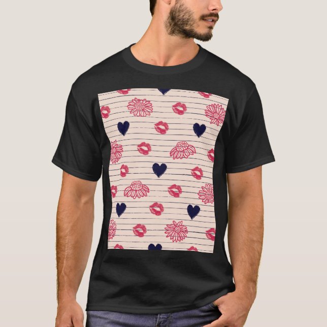 Camiseta Corações vermelhos, lábios, padrão de margaridas. (Frente)