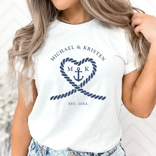 Camiseta Corda Branca e Azul Marinho Coração Âncora Casamen (White & Nautical Blue Rope Heart Anchor Wedding T-Shirt)