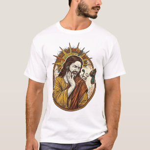 Camiseta Cordão de fone de ouvido de Jesus preso na maçanet