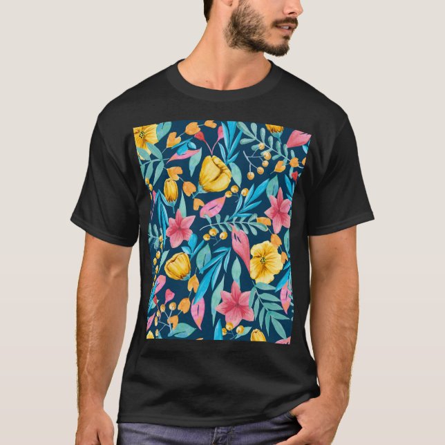 Camiseta Cores de água botânica: flores, folhas, ornamento. (Frente)