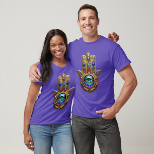 Camiseta Cores de Pavão Dourado Hamsa Safira Terceiro Olho