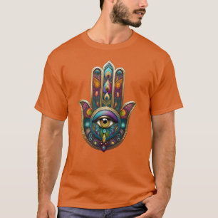 Camiseta Cores de Pavão Hamsa com Terceiro Olho Dourado