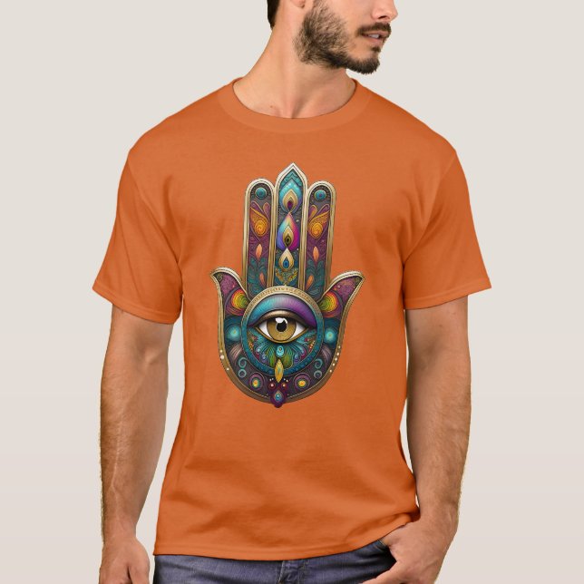 Camiseta Cores de Pavão Hamsa com Terceiro Olho Dourado (Frente)